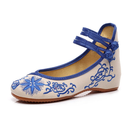 Veowalk Sunflower Embroidered Women Canvas Ballet Flats Ankle Strap Ladies Casual Cotton Chinese Embroidery Ballerina Shoes