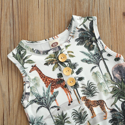 Citgeett Summer Newborn Baby Boys Girls Sleeveless Romper Casual Animal Tree Print Button Front Jumpsuit Clothes