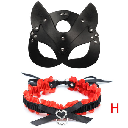 Erotic Cat Women Sex Mask and Collar Cosplay Face Cat Leather Mask Halloween Masquerade Party Mask Erotic Masks Sex Toys