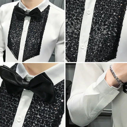 Sequins Tuxedo Shirts Men Long Sleeve Camisa Masculina 2020 Black White Casual Slim Fit  Men Dress Shirts Streetwear Social Tops