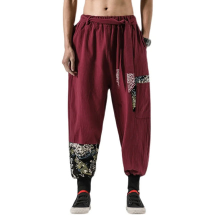 2024 Autumn Men Linen Harem Pants Mens Vintage Chinese Style Cotton Trousers Man Streetwear Pants Male Print Cross Crotch Pants