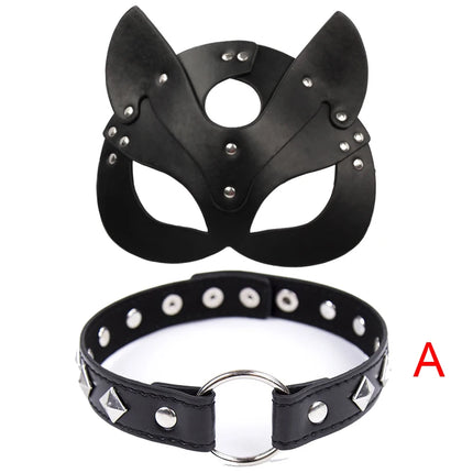 Erotic Cat Women Sex Mask and Collar Cosplay Face Cat Leather Mask Halloween Masquerade Party Mask Erotic Masks Sex Toys