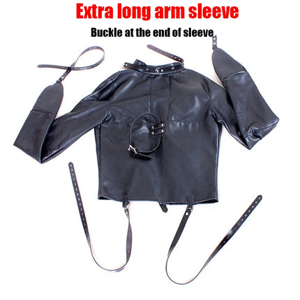 BDSM Leather Lingerie Straitjacket with Crotch Strap,SM Games Bondage Straight Jacket Harness,Slave Role Gimp Costumes Sextoys