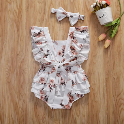 0-24months Baby Girls summer bodysuit Floral Printed Pattern Square Collar Sleeveless infant girls Romper Headdress set