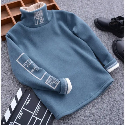 Boys Plus Velvet Bottoming Shirt 2023 Autumn Winter Clothes 4-12 years old Big Kids Long-Sleeve Warm Turtleneck Sweater