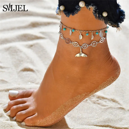 SMJEL Bohemian Shell Anklets for Women Handmade Woven Natural Shell Foot Jewelry Summer Beach Barefoot Bracelet ankle on Leg