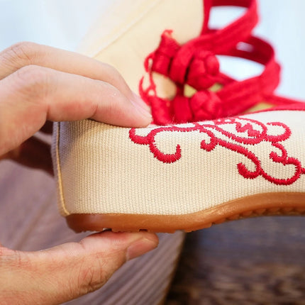 Veowalk Sunflower Embroidered Women Canvas Ballet Flats Ankle Strap Ladies Casual Cotton Chinese Embroidery Ballerina Shoes