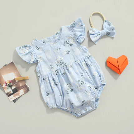 Baby Romper with Hairband, Kids Floral Print Round Neck Fly Sleeve Bodysuit+ Headband for Summer, Blue/Yellow, 0-24 Months