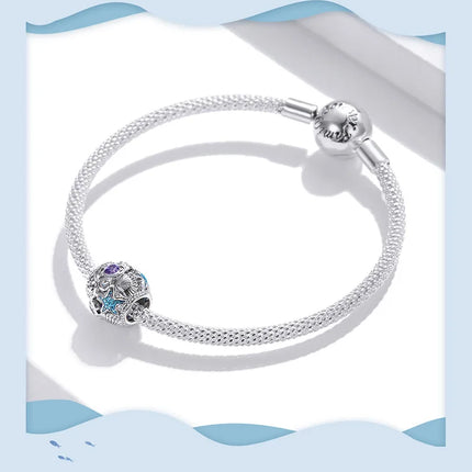 WOSTU 925 Sterling Silver Blue Conch Charm Ocean Bead Animal Turtle Starfish Pendant Fit Original Bracelet Necklace DIY Jewelry