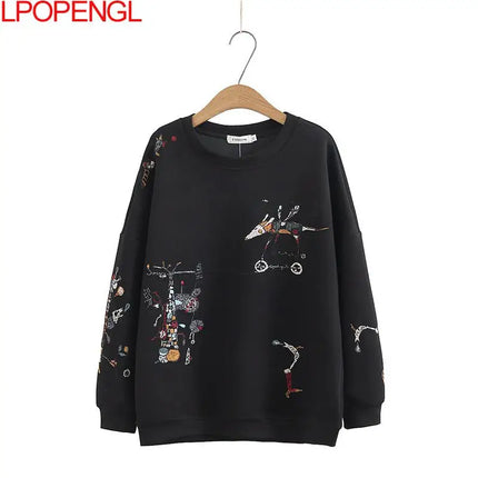 Harajuku Sweatshirt Women 2026 Autumn Winter New Fashion Casual Stitch-embroidered Long-sleeved O- Neck Breathable Hoodie Top