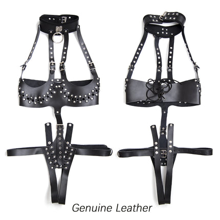 Thierry Adult Games Fetish  Leather Women's Bondage Cupless Bare Breast Open The Crotch With Neck Collar Chastity Device