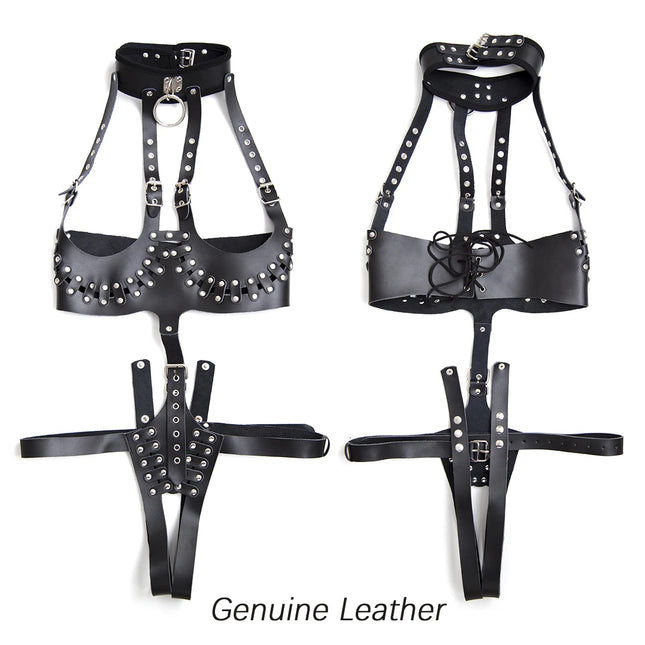Thierry Adult Games Fetish  Leather Women's Bondage Cupless Bare Breast Open The Crotch With Neck Collar Chastity Device