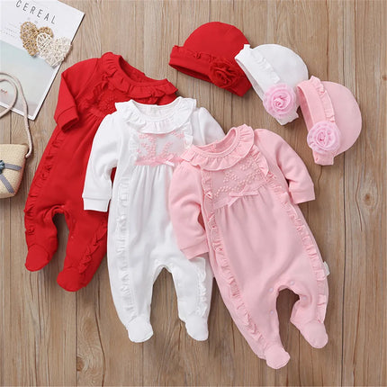 Newborn Baby Girls Romper Jumpsuit Long Sleeve Lace Ruffle Infant  Jumpsuit with Cap Toddler Clothing 0-12M