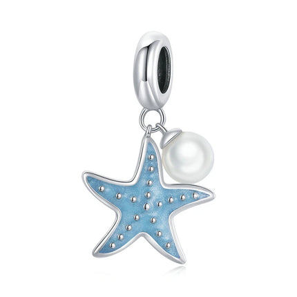 WOSTU 925 Sterling Silver Blue Conch Charm Ocean Bead Animal Turtle Starfish Pendant Fit Original Bracelet Necklace DIY Jewelry