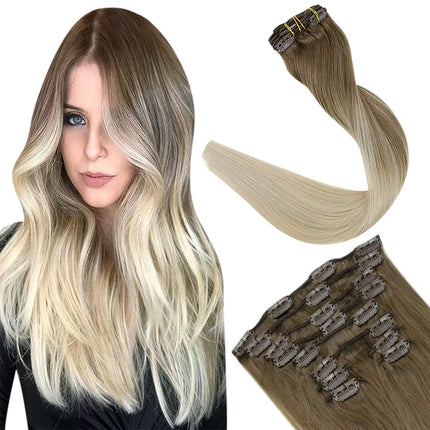 [16 Colors] Ugeat Clip in Hair Extensions Human Hair 14-22" Double Weft Remy Hair Full Head Clip in Extensions for Woman 7Pcs