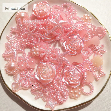100pcs Assorted Pink ABS Pearl Bow Heart Flatback Cabochons DIY Resin Shaker Charms Molds Stuff Moon Star Slime Fillings Fillers