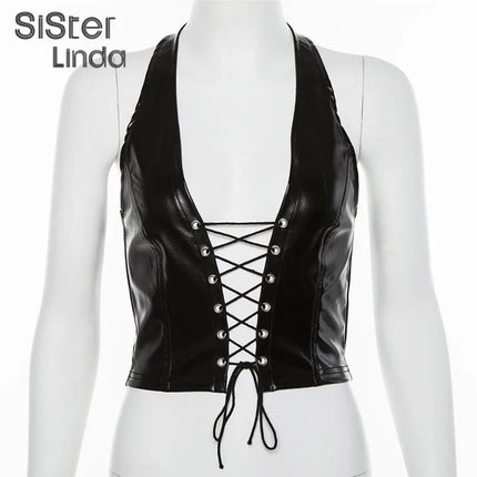 Sisterlinda Sexy Punk Y2K Black PU Leather Crop Top Womens Sleeveless Deep V Neck Backless Camisole Fashion Party Club Vests2021