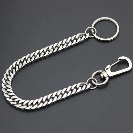 Long Metal Wallet Chain Leash Pant Jean Keychain Ring Clip Men's Hip Hop Flat Stainless Steel Necklace Jewelry