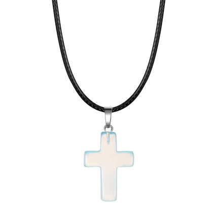 Natural Stone Cross Pendant Necklace Women Men 18inch Black Leather Cord Custom Crystal Choker Chakra Jewelry Findings