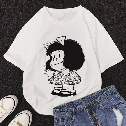 2020 New Summer Fashion Female Pink Tops Mafalda Cute Graphic Print T-shirt Women Harajuku Aesthetic White Tops Kawaii Tshirt