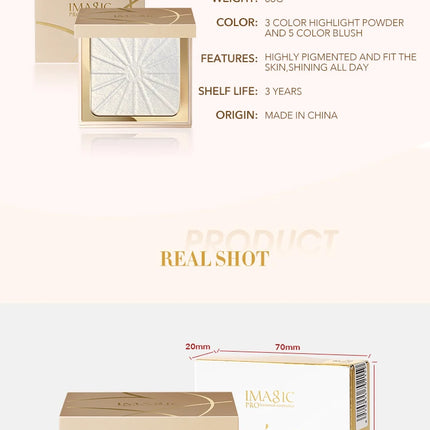 IMAGIC Brightening Highlighter&Cheek Blush Palette Professional Brighten 8-Color Repair Smooth Oil-Control Natural Pressed Makeu