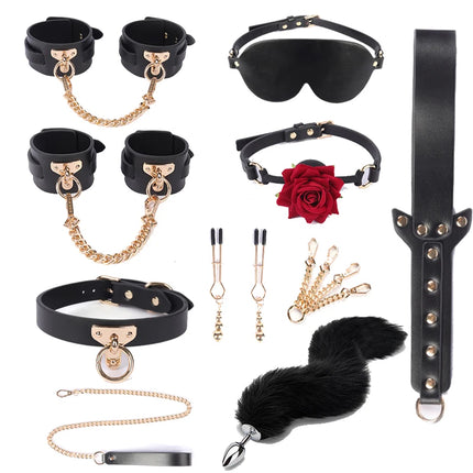 Luxury Genuine leather BDSM Kits Bed Bondage Set Restraint Handcuffs Collar Gag Erotic Sex Toys For Women Couples Adult Games