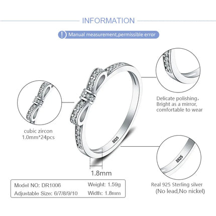 CLUCI Cute 925 Sterling Silver Bowknot Women Party Wedding Ring Jewelry High Quality Silver 925 Gift Zircon Ring DR1006SB