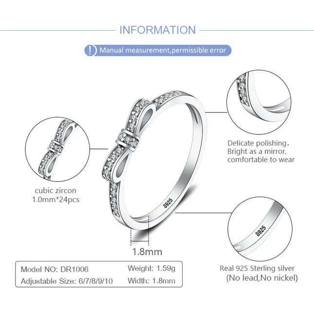 CLUCI Cute 925 Sterling Silver Bowknot Women Party Wedding Ring Jewelry High Quality Silver 925 Gift Zircon Ring DR1006SB