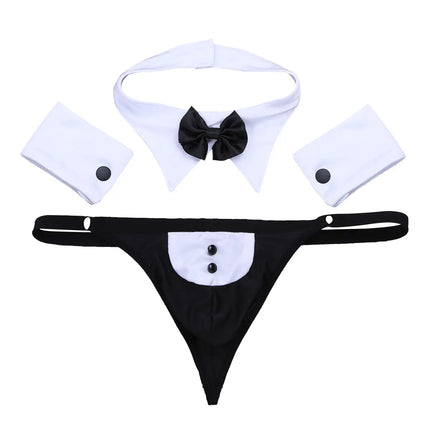3Pcs Mens Waiter Tuxedo Lingerie Sexy Cosplay Costume Open Back G-string Jockstraps Underwear with Bow Tie Collar and Bracelets