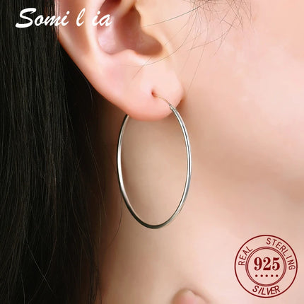 SOMILIA SOMILIA Platinum Big Hoop Earrings for Women, 925 Sterling Silver Jewelry Female Fashion Women Earrings 10-90mm For Gift