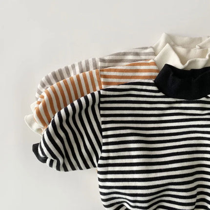 Baby Girls Striped Tops 2023 Autumn Winter New Kids Thicken Warm High-neck Sweatshirt Cotton Clothes Toddler Boys Tees