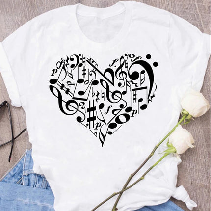 New Harajuku Funny Music Note Art T-Shirt Fashion Women T-Shirt Music Tops Short Sleeves Black T-Shirt Ladies Casual Tees Top