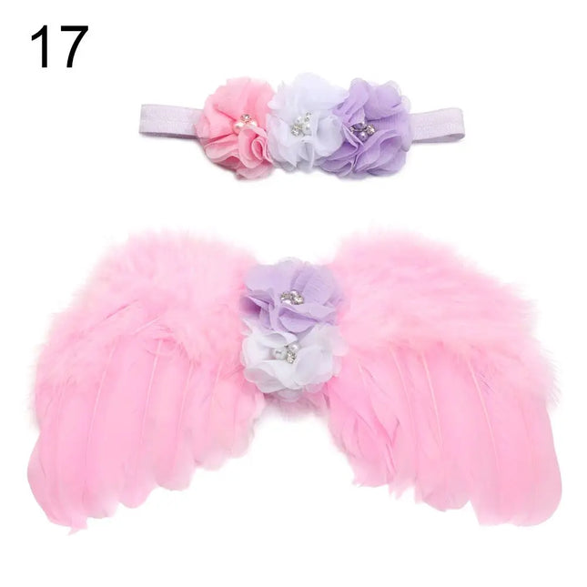 2pcs/set Cute Newborn Angel Feather Wings with Baby Girl Rose Flower Headband Hair Accessories for Infant Photography Props