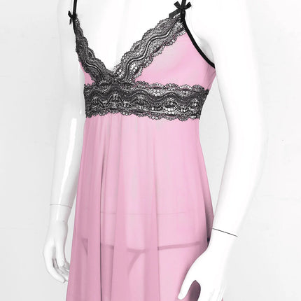 Men Women Babydoll Sleepwear Lace Trim Sissy Lingerie Sets Sling Straps Cross Dress with G-Strings Chemise Nightwear Clubwear