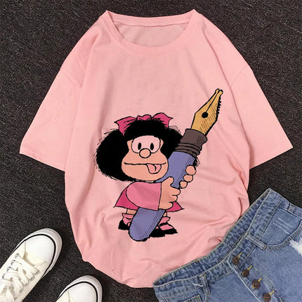 2020 New Summer Fashion Female Pink Tops Mafalda Cute Graphic Print T-shirt Women Harajuku Aesthetic White Tops Kawaii Tshirt