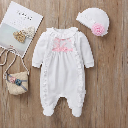 Newborn Baby Girls Romper Jumpsuit Long Sleeve Lace Ruffle Infant  Jumpsuit with Cap Toddler Clothing 0-12M