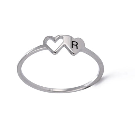 COOLTIME Initial Letter Ring for Women Stainless Steel A-Z Alphabet Double Heart Rings Fashion Wedding Anniversary Birthday Gift