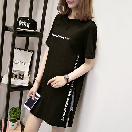 WONDERFUL DAY Print Long T shirts Summer Women Loose Slit Femme Tops  Tshirt Short sleeve Ladies t-shirt