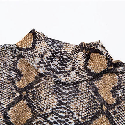Casual Green Snake Print T Shirt Women Mesh Top Long Sleeve Transparent Snakeskin Female T-shirt High Neck Crop Tops