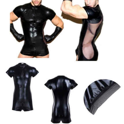 Male Exotic Sexy Faux Leather Bodysuit Front Zipper PVC Latex Teddies Catsuit Male Gay Erotic Fetish Jumpsuits Club Wear Costume