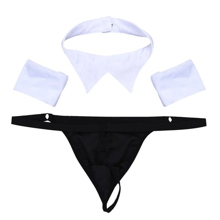 3Pcs Mens Waiter Tuxedo Lingerie Sexy Cosplay Costume Open Back G-string Jockstraps Underwear with Bow Tie Collar and Bracelets