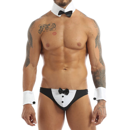 Men Butlers Waiter Lingerie Set French Maid Role Play Costume Triangle Bowknot Thong Briefs Underwear with Collar Cuffs Clubwear