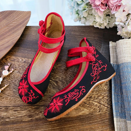 Veowalk Sunflower Embroidered Women Canvas Ballet Flats Ankle Strap Ladies Casual Cotton Chinese Embroidery Ballerina Shoes