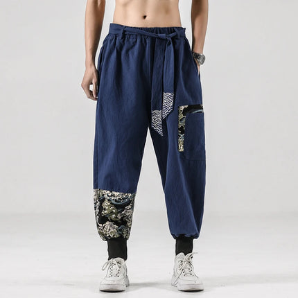 2024 Autumn Men Linen Harem Pants Mens Vintage Chinese Style Cotton Trousers Man Streetwear Pants Male Print Cross Crotch Pants