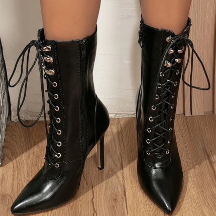 Autumn Winter Women Ankle Boots Sexy Pointed Toe Pole Dance High Heels Pumps Fashion Zip Lace-Up Chelsea Shoes Female Size 35-43