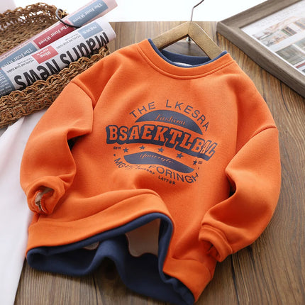 New Autumn winter Boys girls Fleece Thickened Sweater Cartoon Printed Letters Children's Leisure Fake 2 Piece Warm Top 3-14Y