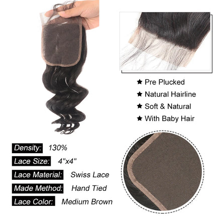Beaufox Brazilian Loose Wave Closure Remy Human Hair Lace Closure 4*4 Free Part Can Be Bleached