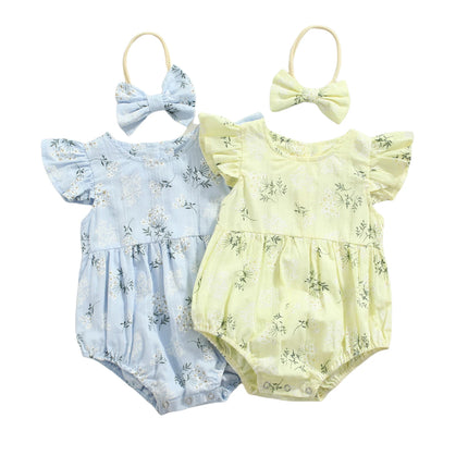 Baby Romper with Hairband, Kids Floral Print Round Neck Fly Sleeve Bodysuit+ Headband for Summer, Blue/Yellow, 0-24 Months