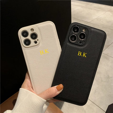 Korea Personalise Name Letters Leather PU Soft Phone Case For iPhone 15 14 13 12 11 Pro X XS Max XR 7 8 Plus Luxury Plain Cover