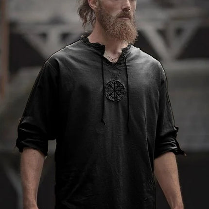 Men Plus Size Shirt Top Ancient Viking Embroidery Lace Up V Neck Long Sleeve Shirt Top For Men's Clothing